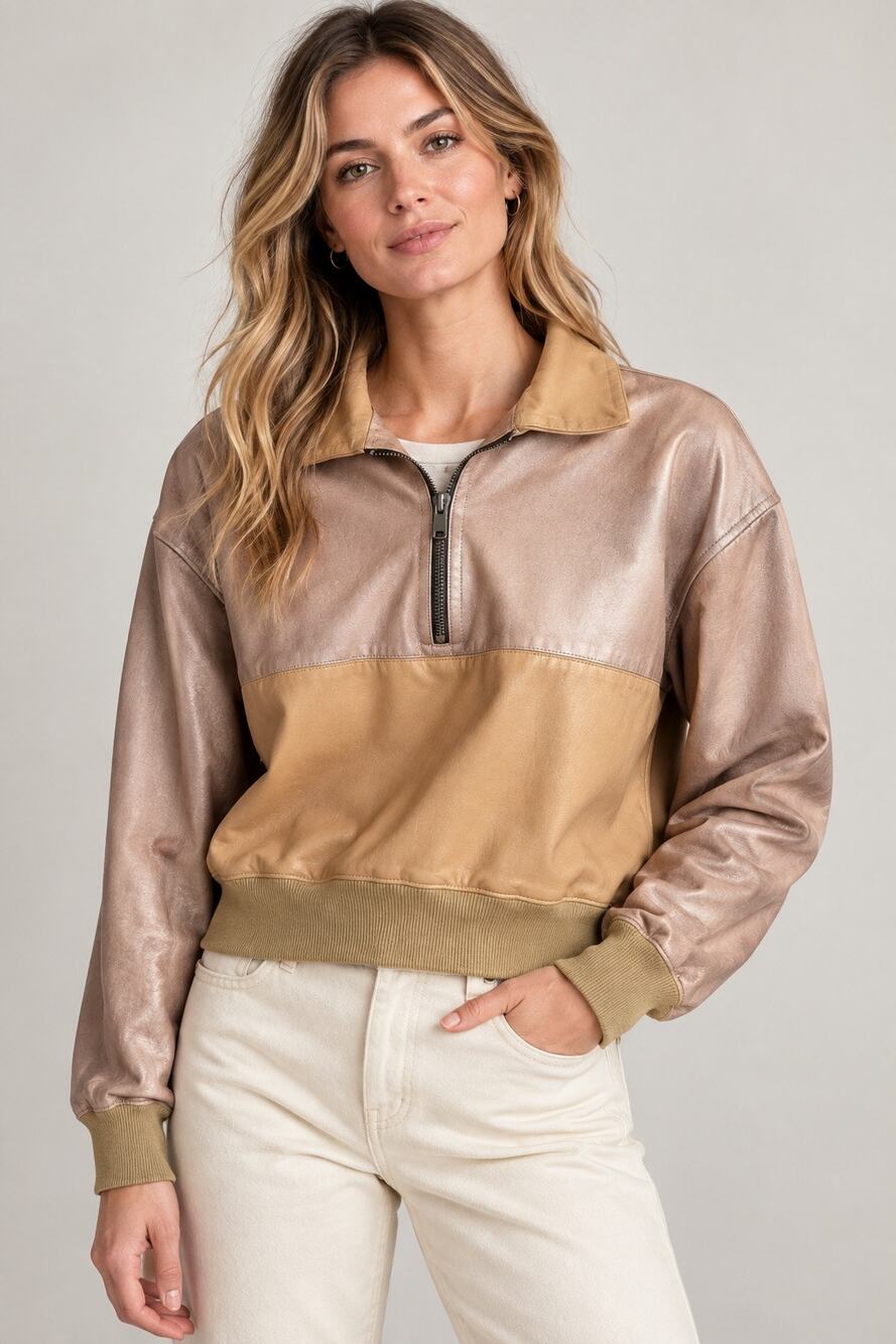 The Mighty Company Metallic Kings Lamb Leather Half Zip Pullover – Medium